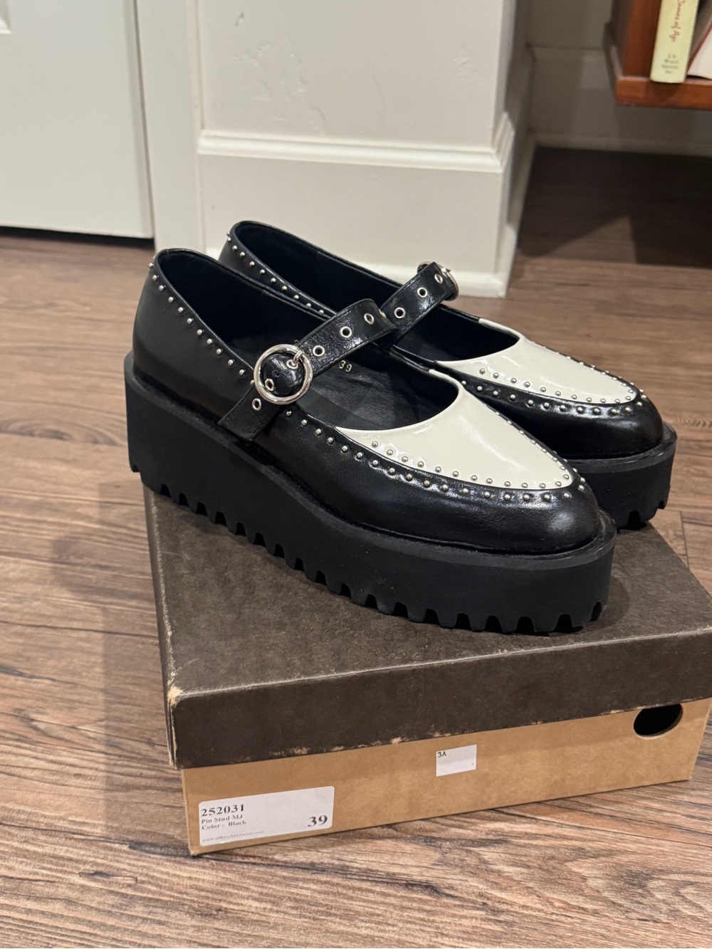 All Black Black and White Mary Jane Platform Loafers with Stud Details